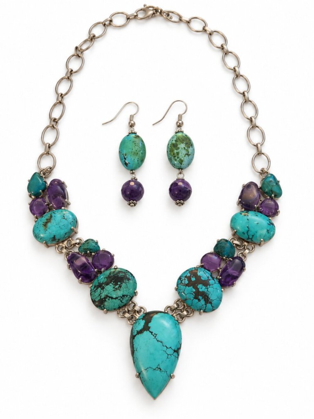 Turquoise Amethyst Look Statement Necklace + Earrings Set